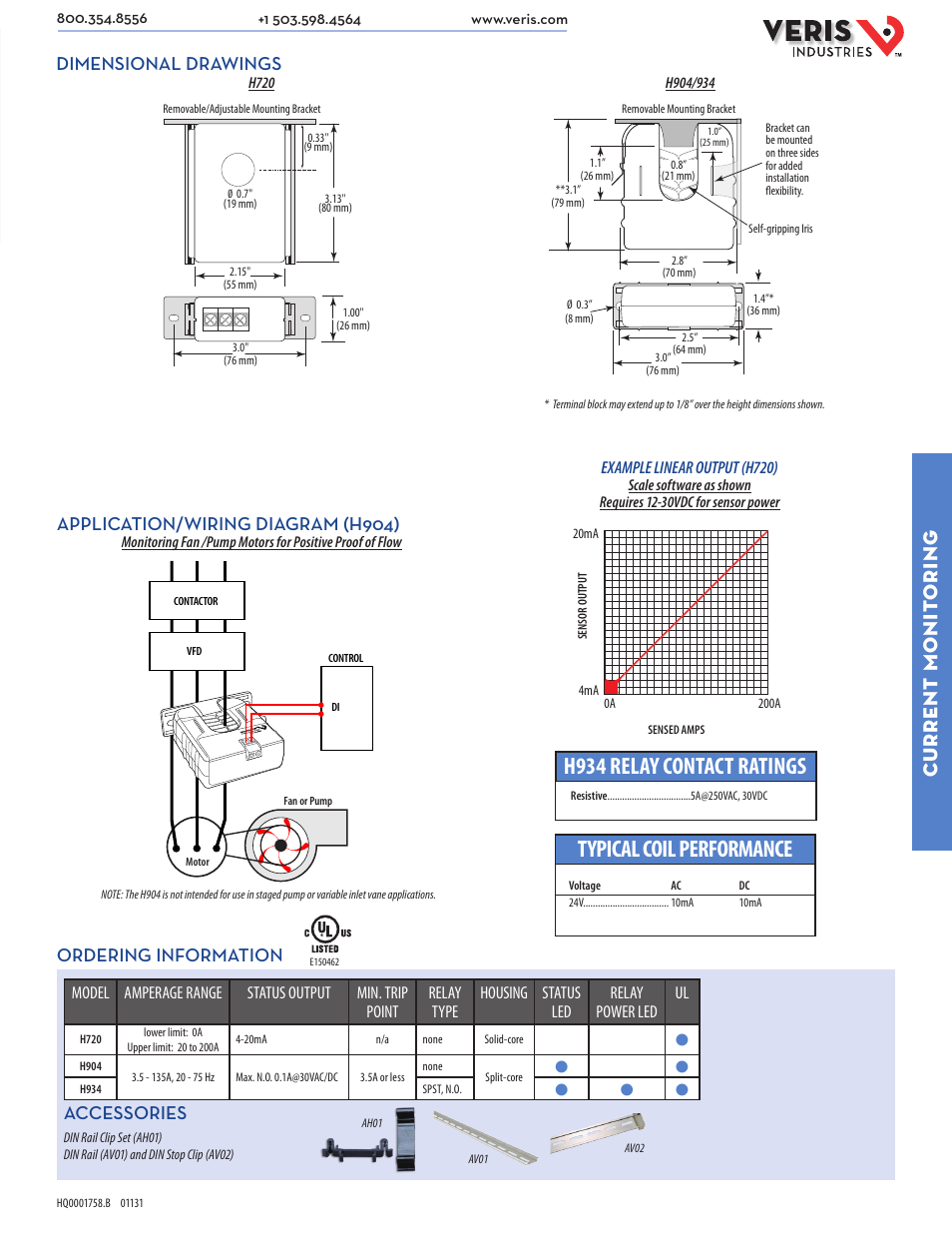 Typical coil performance, H934 relay contact ratings, Current monit oring | Application/wiring diagram (h904), Dimensional drawings ordering information, Accessories, Example linear output (h720) | Veris Industries H720 Datasheet User Manual | Page 2 / 2
