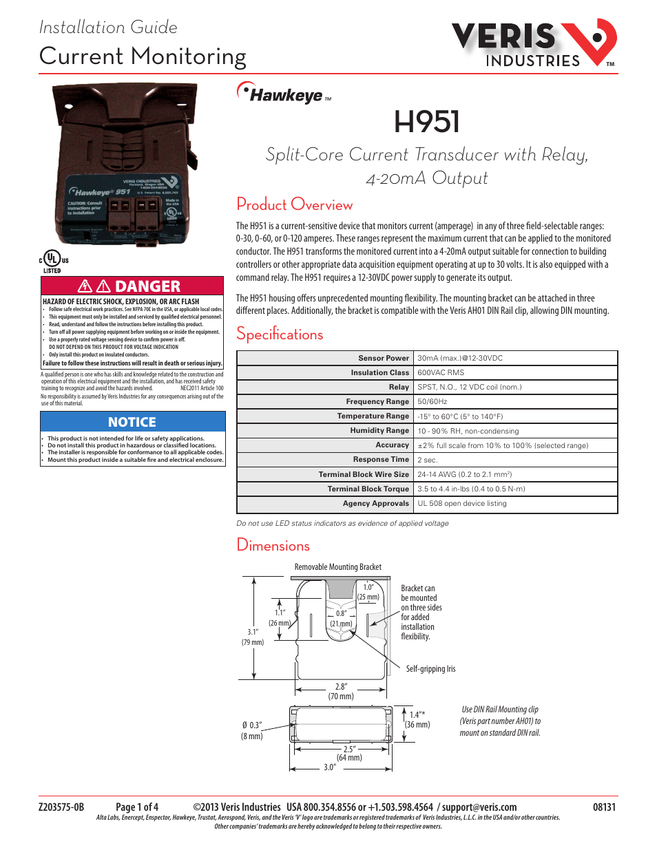 Veris Industries H951 Install User Manual | 4 pages