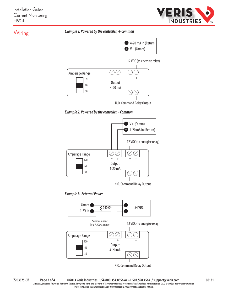 Wiring, Installation guide current monitoring h951 | Veris Industries H951 Install User Manual | Page 3 / 4