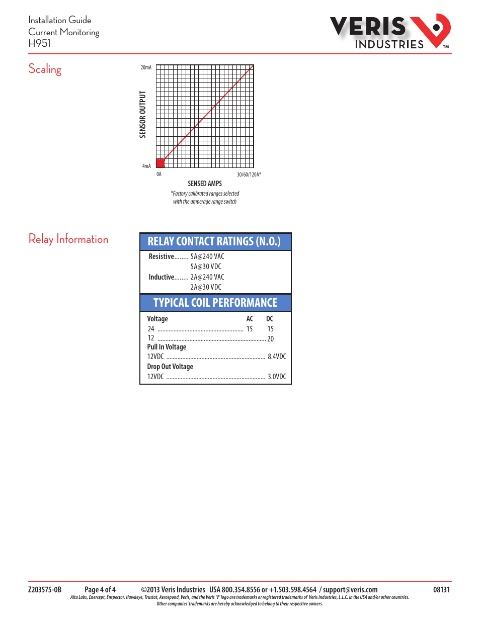 Scaling relay information, Typical coil performance, Relay contact ratings (n.o.) | Installation guide current monitoring h951 | Veris Industries H951 Install User Manual | Page 4 / 4