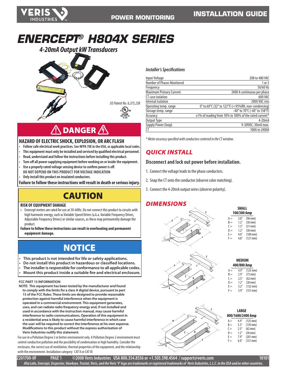 Veris Industries H804x SERIES Install User Manual | 4 pages