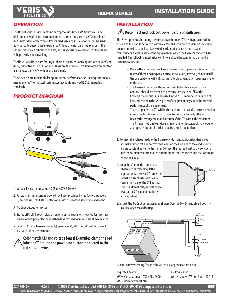 Installation guide, Operation, Installation | Product diagram, H804x series, Disconnect and lock out power before installation | Veris Industries H804x SERIES Install User Manual | Page 2 / 4