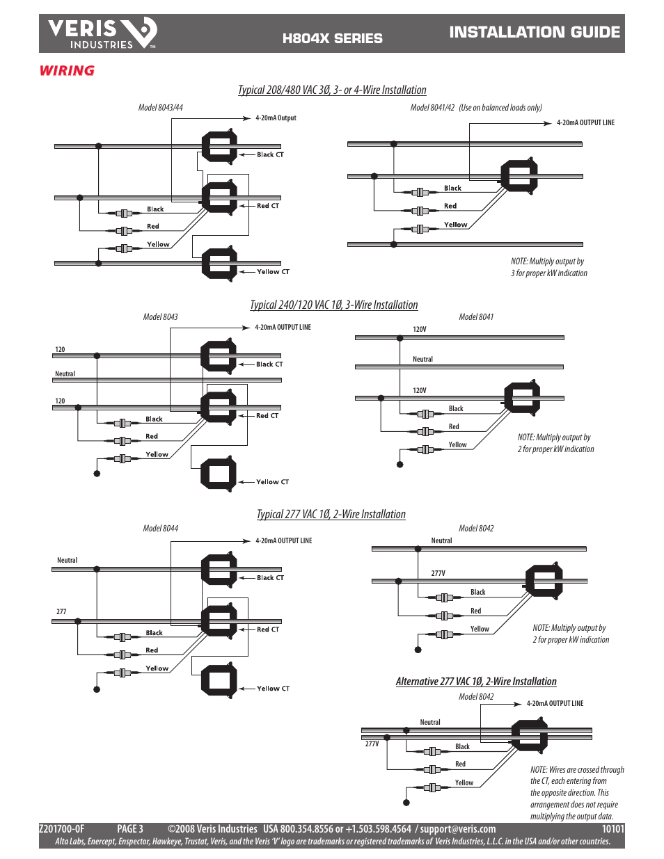 Installation guide, Wiring, H804x series | Veris Industries H804x SERIES Install User Manual | Page 3 / 4