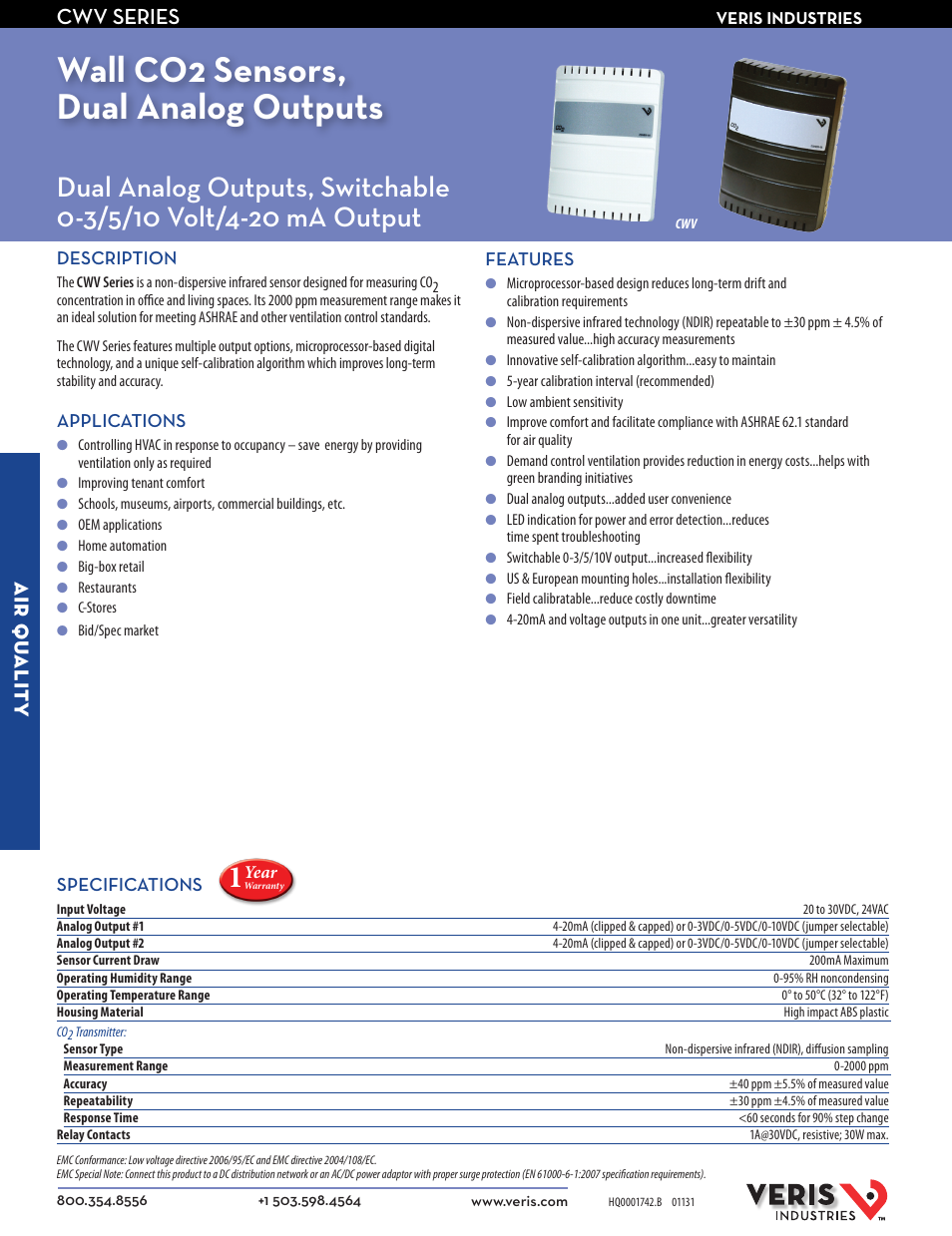 Veris Industries CWV SERIES Datasheet User Manual | 2 pages