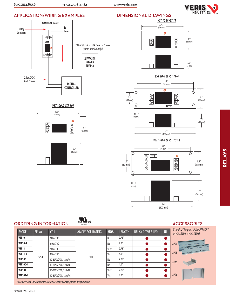 Rel ay s, Dimensional drawings application/wiring examples, Accessories | Ordering information | Veris Industries VST10 SERIES Datasheet User Manual | Page 2 / 2