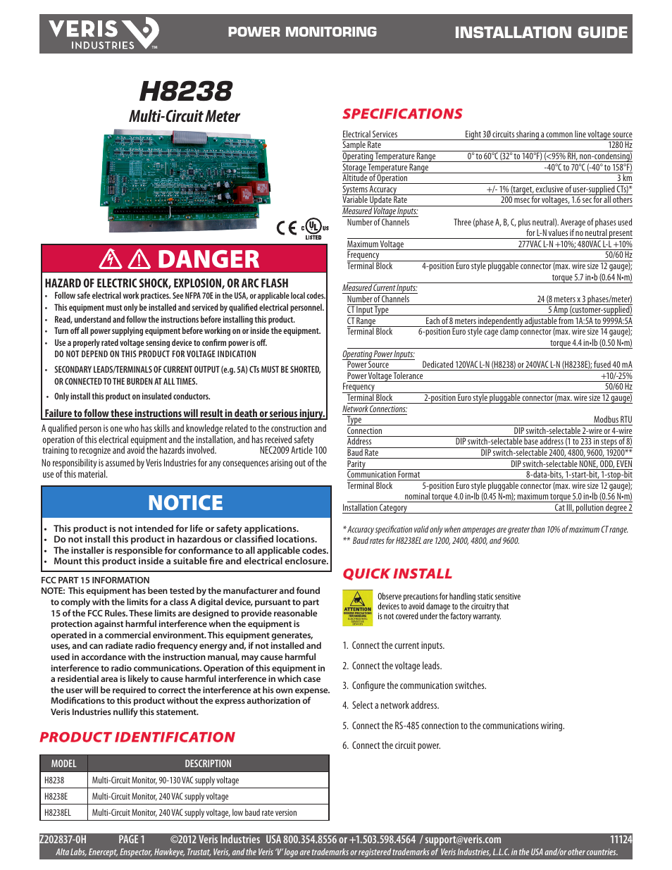Veris Industries H8238 Install User Manual | 7 pages