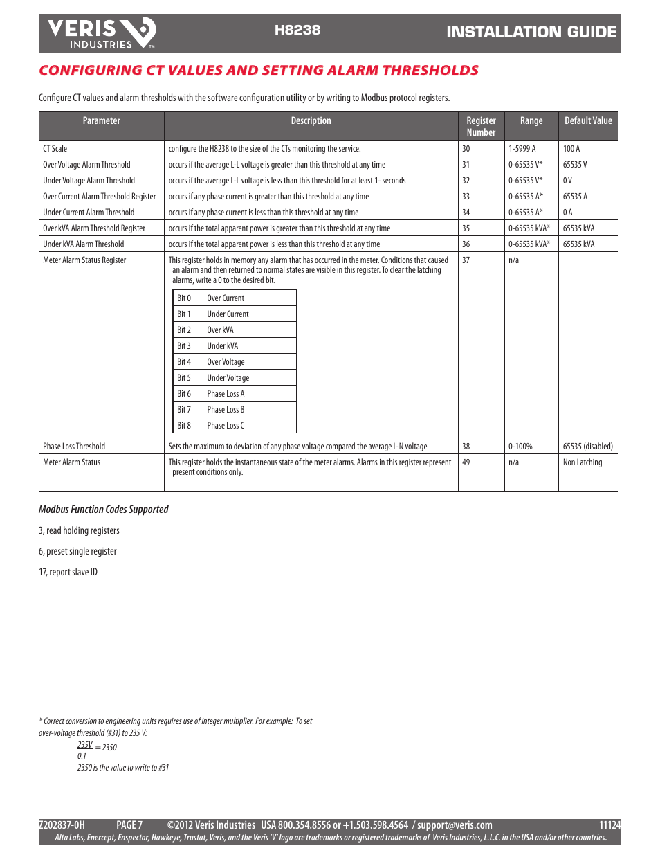 Installation guide, Configuring ct values and setting alarm thresholds, H8238 | Veris Industries H8238 Install User Manual | Page 7 / 7