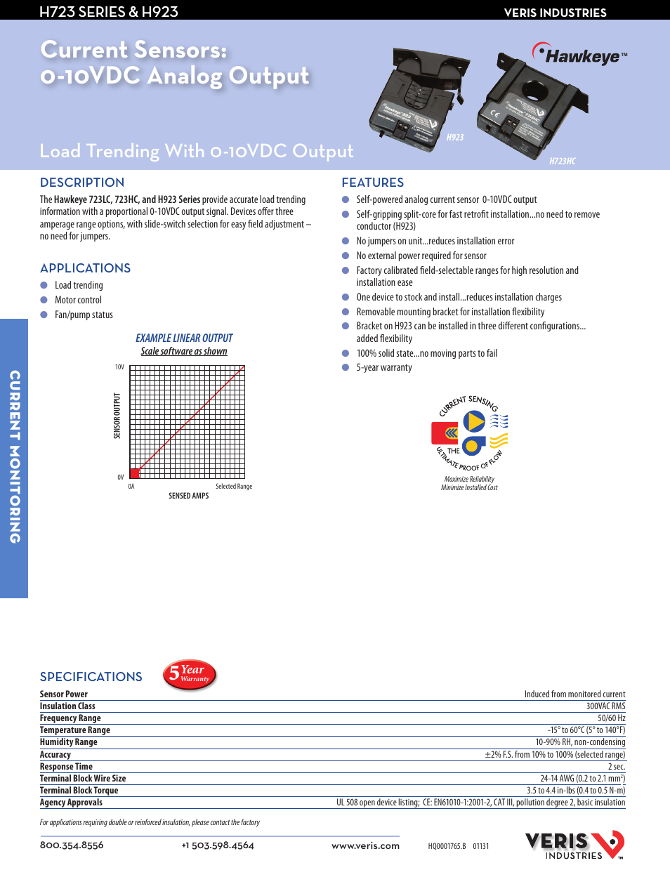 Veris Industries H923 SERIES Datasheet User Manual | 2 pages