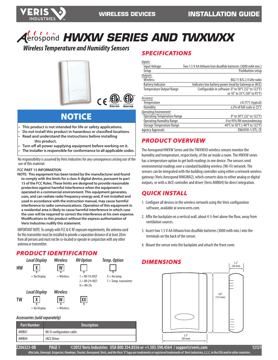 Veris Industries TWXWXX SERIES Install User Manual | 3 pages