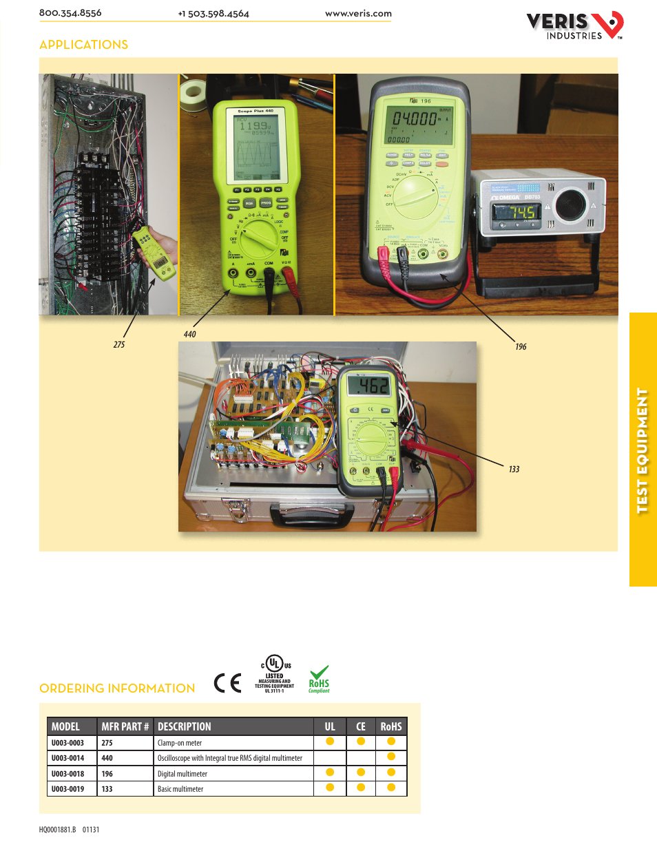 Tes t e quip ment, Applications, Ordering information | Model mfr part # description ul ce rohs | Veris Industries 275 Datasheet User Manual | Page 2 / 2