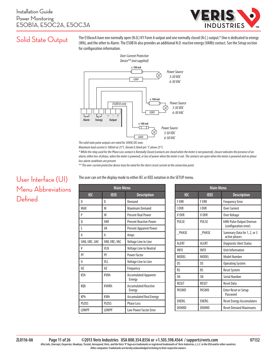 Solid state output, User interface (ui) menu abbreviations defined | Veris Industries E50C3A Install User Manual | Page 11 / 26