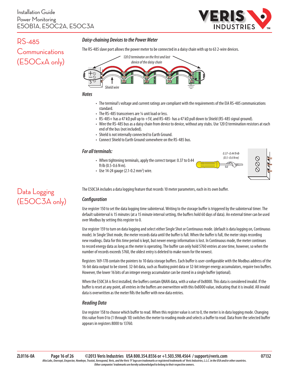 Data logging (e50c3a only) | Veris Industries E50C3A Install User Manual | Page 16 / 26