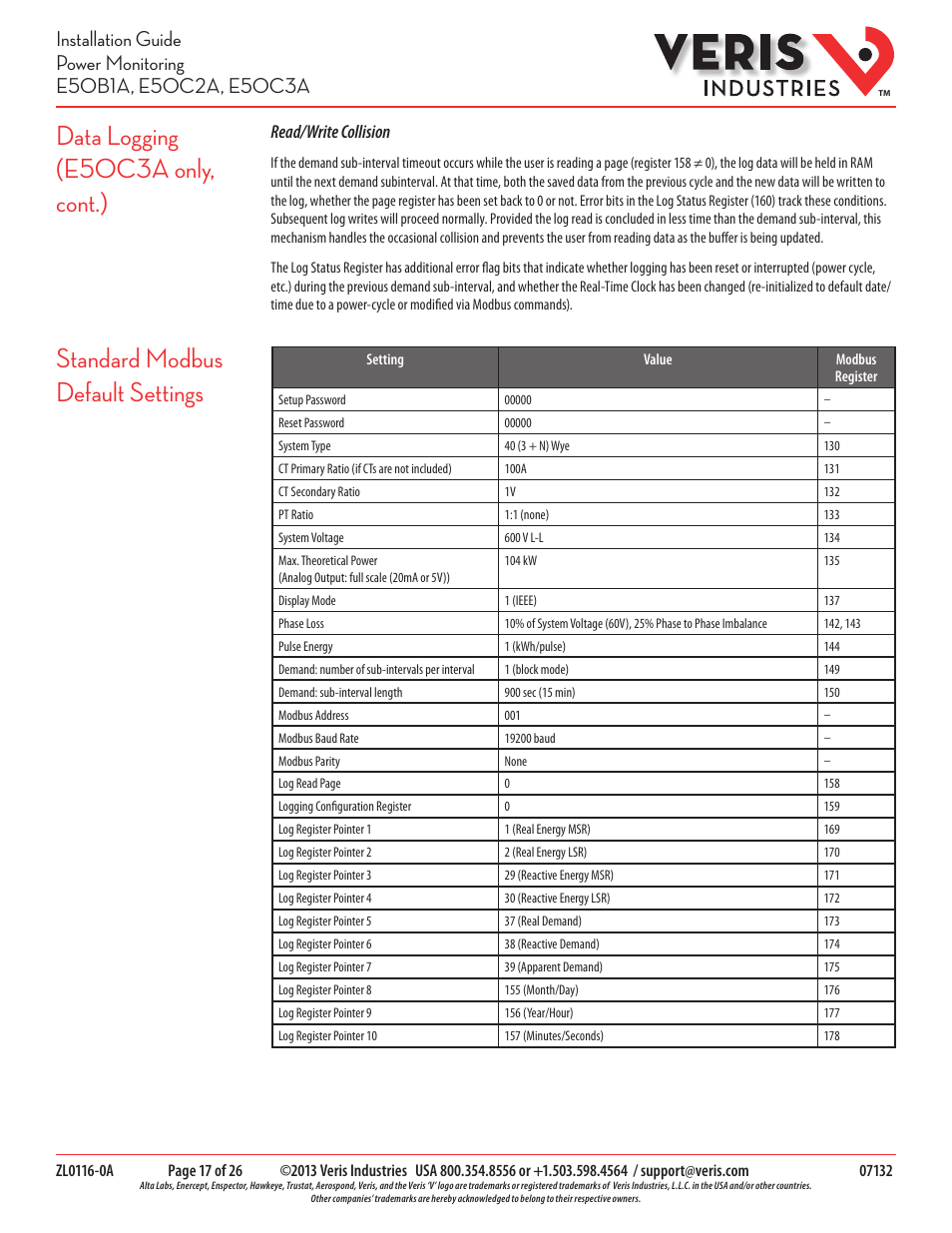 Data logging (e50c3a only, cont.), Standard modbus default settings, Read/write collision | Veris Industries E50C3A Install User Manual | Page 17 / 26
