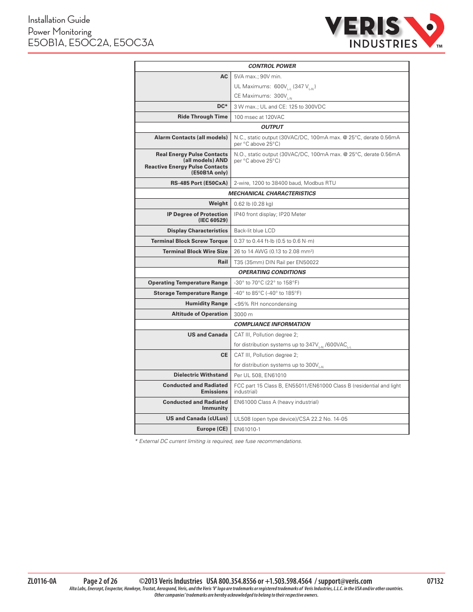 Veris Industries E50C3A Install User Manual | Page 2 / 26