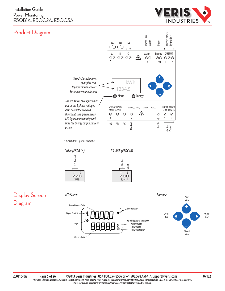 Product diagram, Display screen diagram | Veris Industries E50C3A Install User Manual | Page 5 / 26