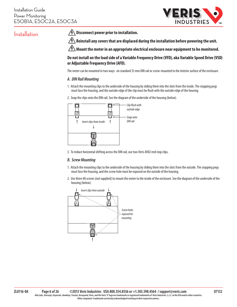 Installation | Veris Industries E50C3A Install User Manual | Page 6 / 26