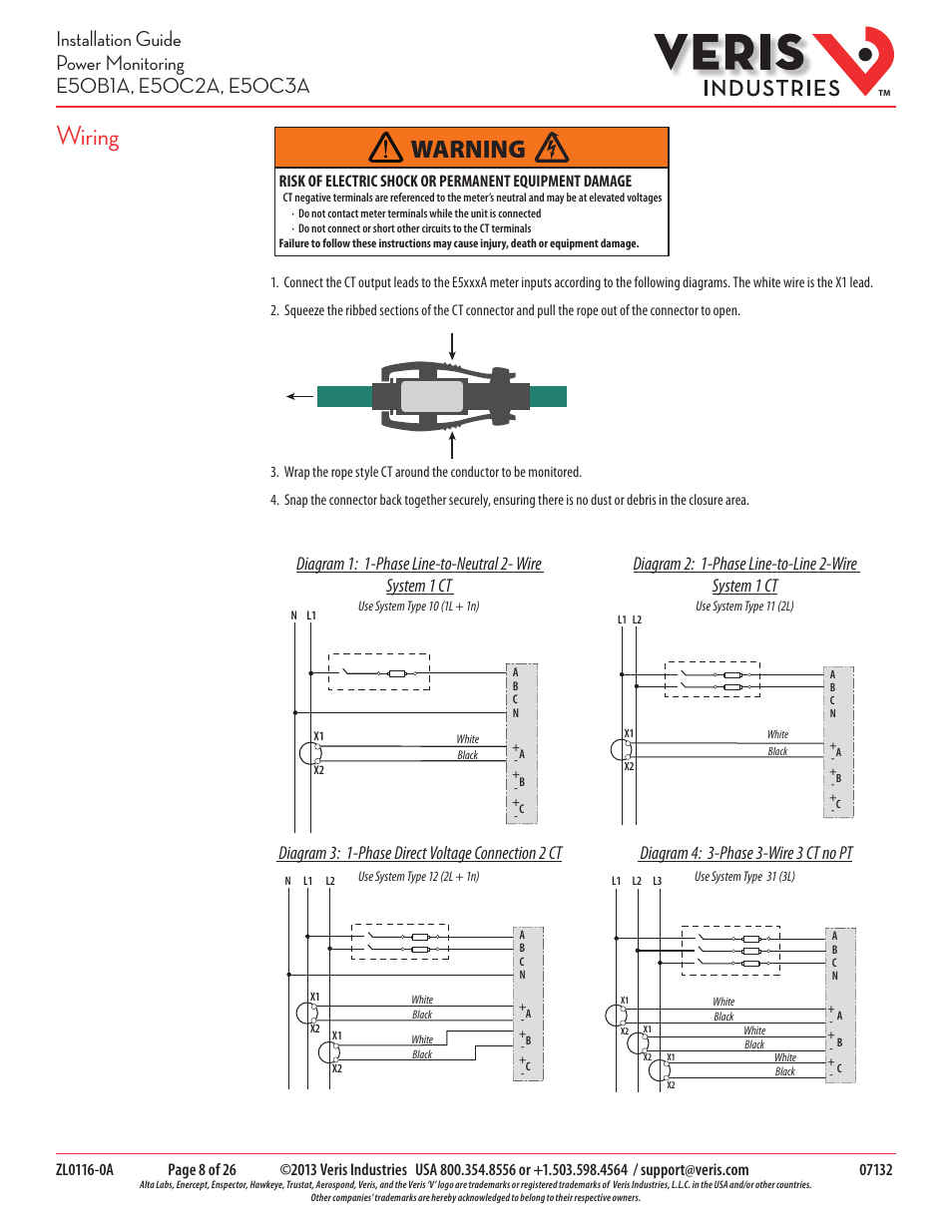 Wiring, Warning, Diagram 3: 1-phase direct voltage connection 2 ct | Diagram 4: 3-phase 3-wire 3 ct no pt | Veris Industries E50C3A Install User Manual | Page 8 / 26