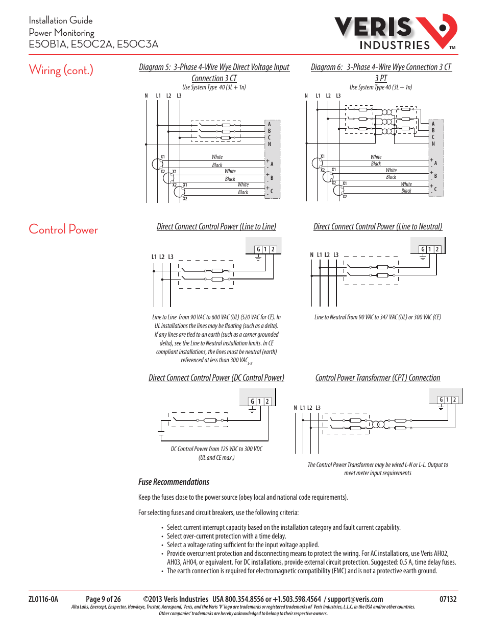 Control power, Wiring (cont.), Direct connect control power (dc control power) | Direct connect control power (line to neutral), Fuse recommendations | Veris Industries E50C3A Install User Manual | Page 9 / 26