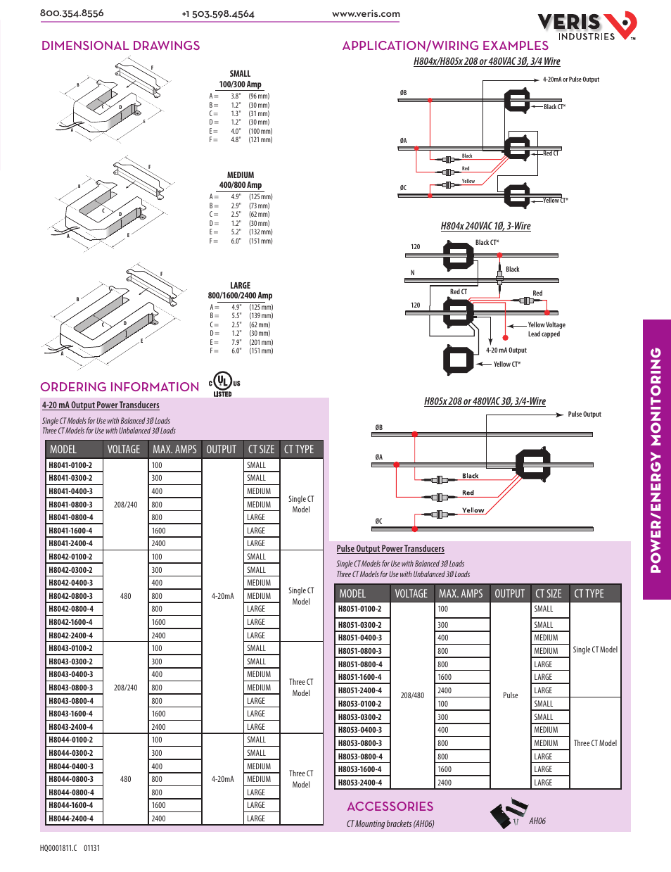 Po wer/ener g y monit oring, Dimensional drawings, Application/wiring examples | Ordering information accessories, Model voltage max. amps output ct size ct type | Veris Industries H805x SERIES Datasheet User Manual | Page 2 / 2