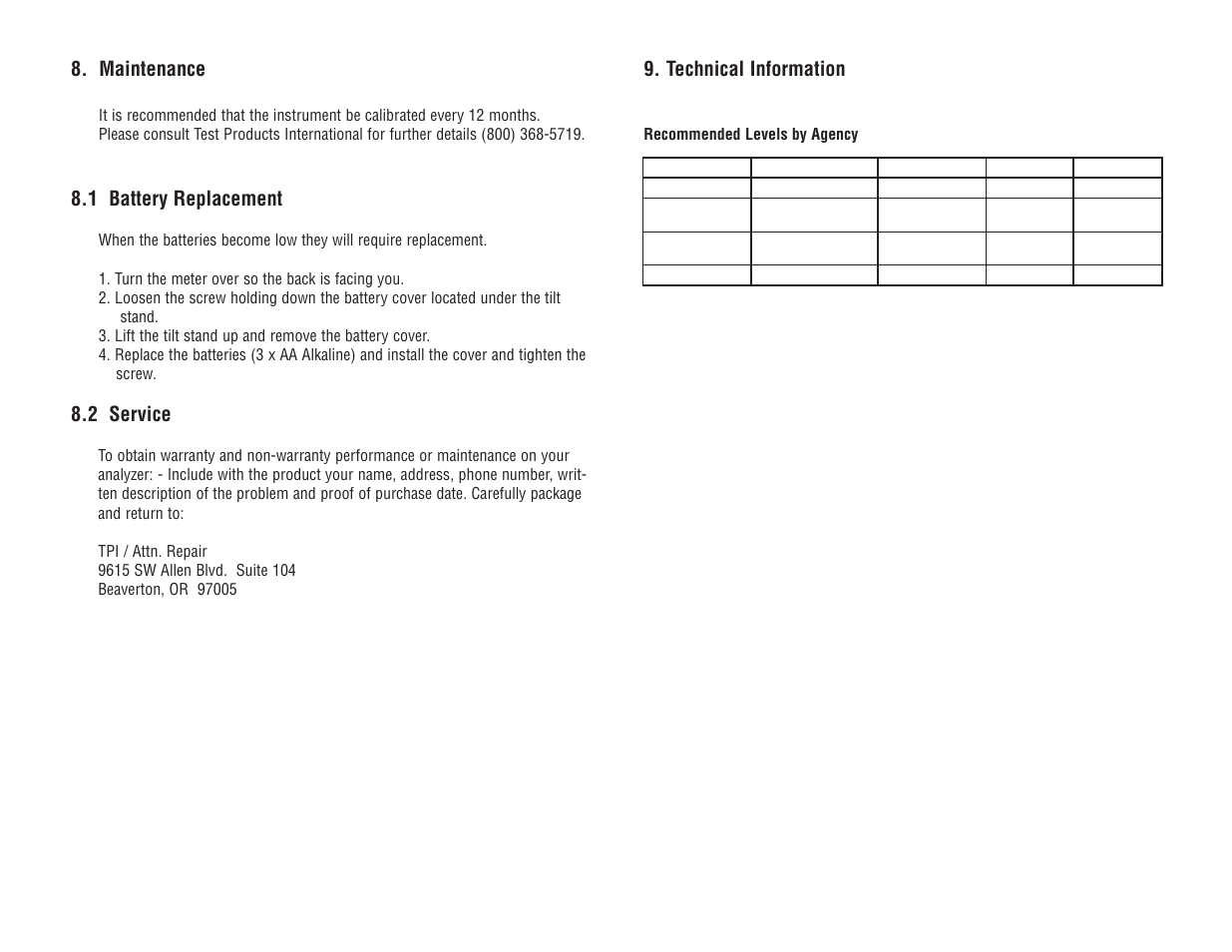 Maintenance, 1 battery replacement, 2 service | Technical information | Veris Industries 1008 Manual User Manual | Page 8 / 11