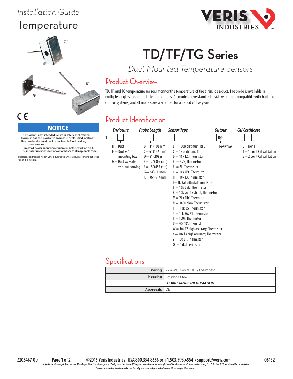 Veris Industries TD SERIES Install User Manual | 2 pages