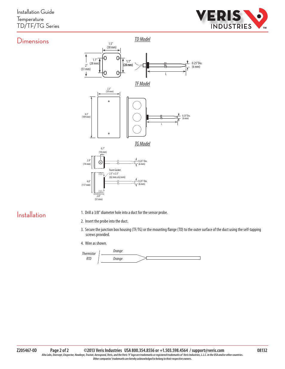 Dimensions, Installation, Installation guide temperature td/tf/tg series | Td model, Tf model, Tg model | Veris Industries TD SERIES Install User Manual | Page 2 / 2