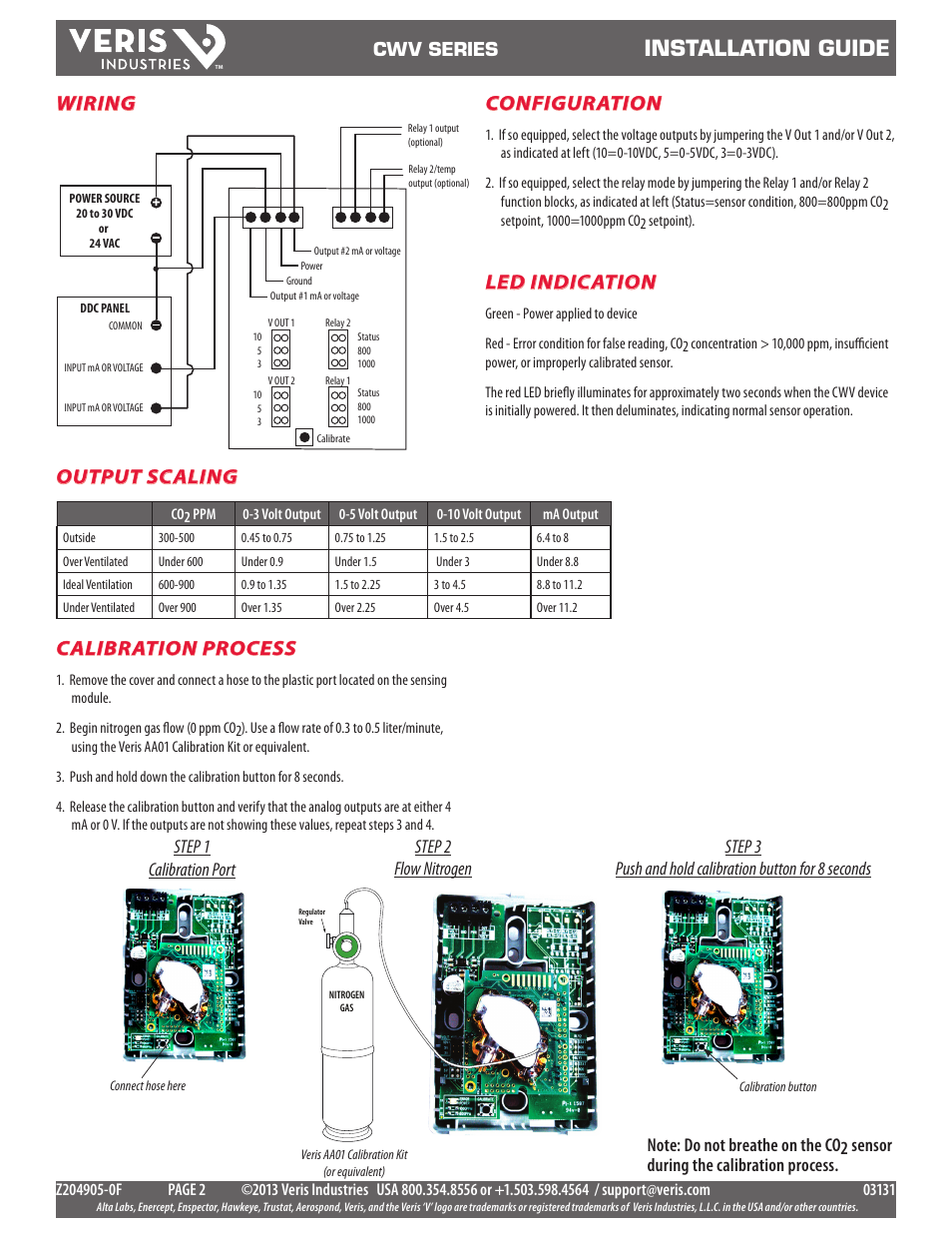 Installation guide, Wiring, Output scaling | Calibration process, Configuration, Led indication, Cwv series, Step 1 calibration port | Veris Industries CWV SERIES Install User Manual | Page 2 / 2