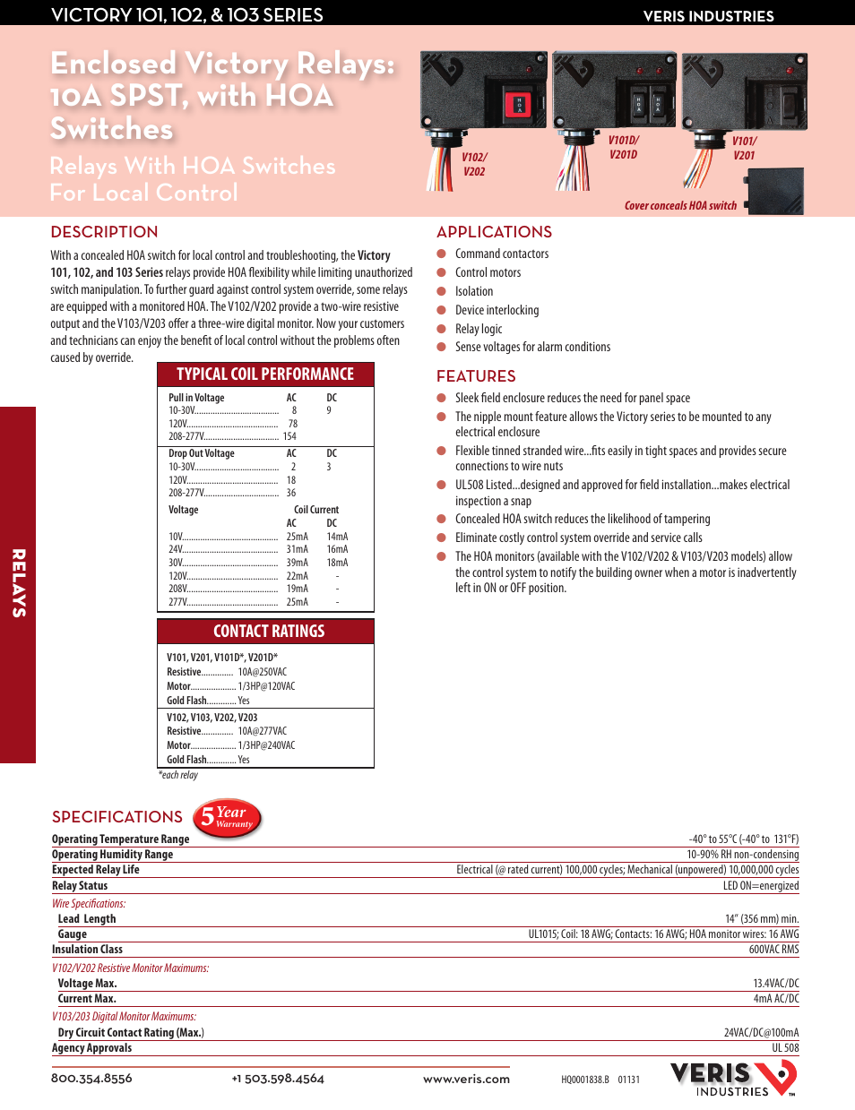 Veris Industries V103 SERIES Datasheet User Manual | 2 pages