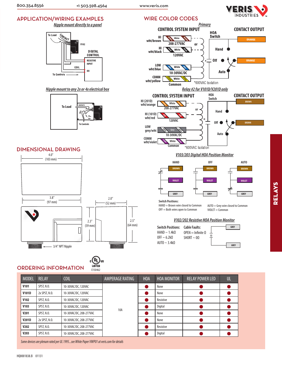 Rel ay s, Application/wiring examples, Wire color codes | Dimensional drawing, Ordering information, Contact output control system input | Veris Industries V103 SERIES Datasheet User Manual | Page 2 / 2