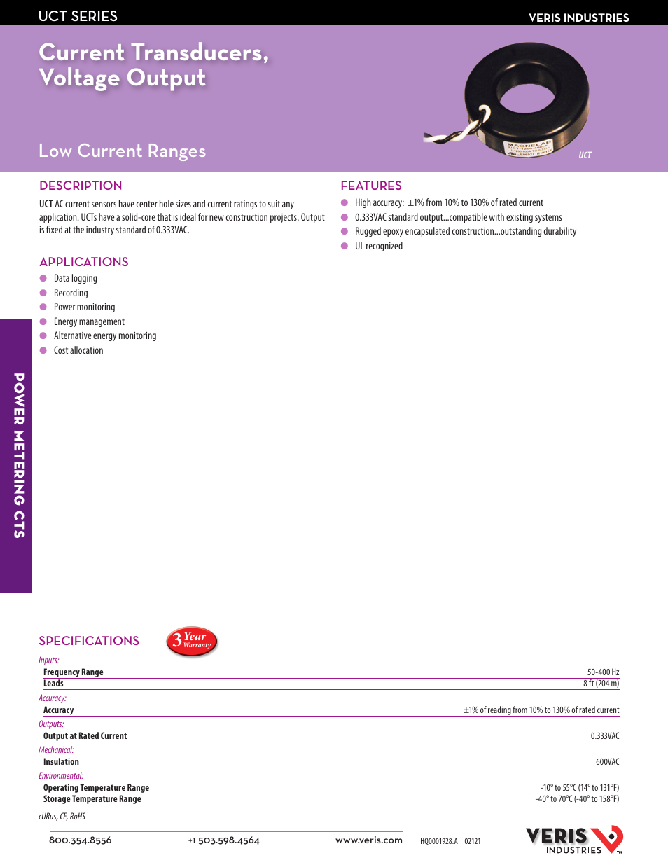 Veris Industries UCT SERIES Datasheet User Manual | 2 pages