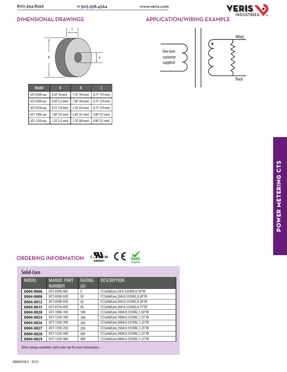 Po wer metering ct s, Dimensional drawings application/wiring example, Ordering information | Solid-core, Model manuf. part number rating (a) description | Veris Industries UCT SERIES Datasheet User Manual | Page 2 / 2