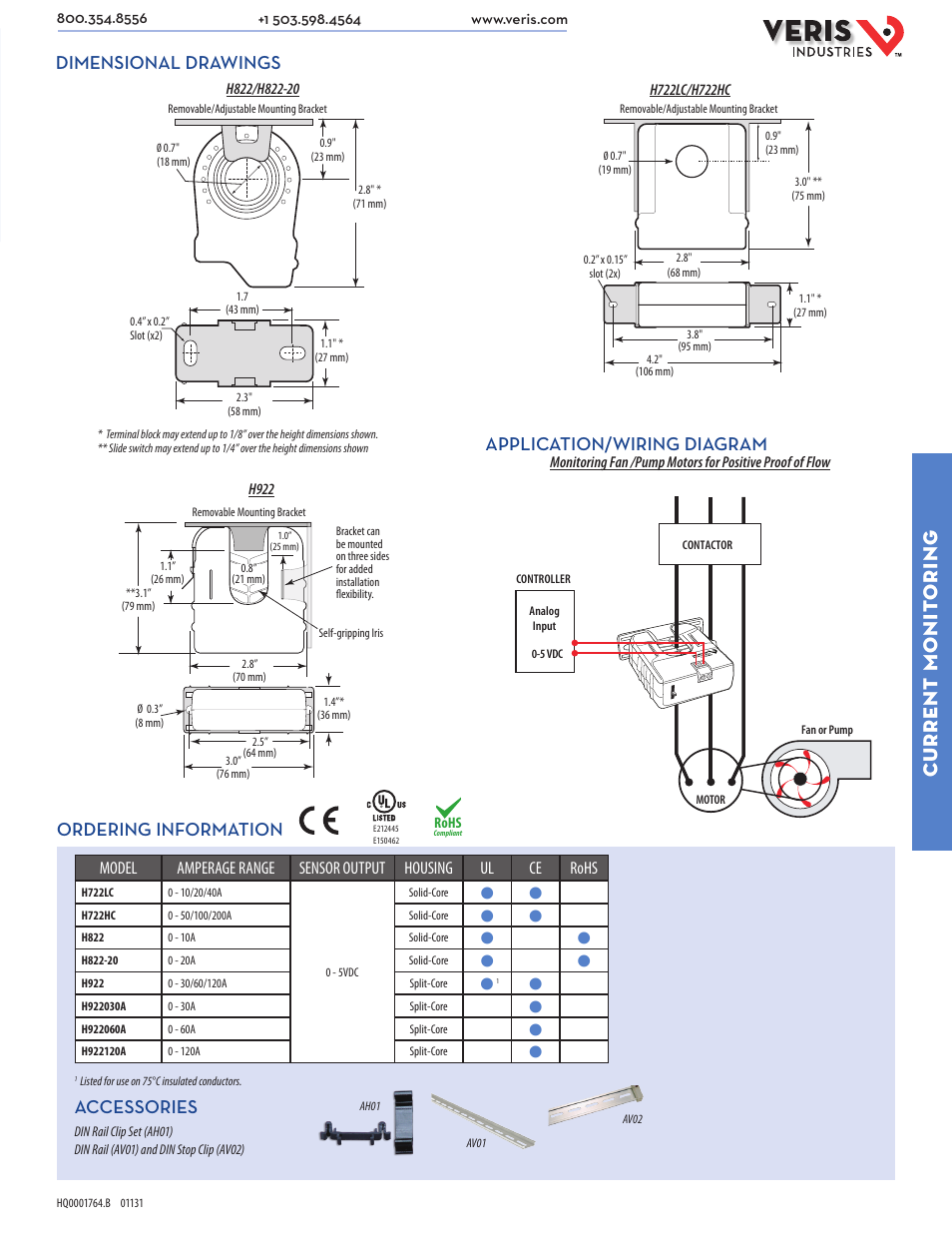 Current monit oring, Dimensional drawings application/wiring diagram, Ordering information | Accessories | Veris Industries Hx22 SERIES Datasheet User Manual | Page 2 / 2