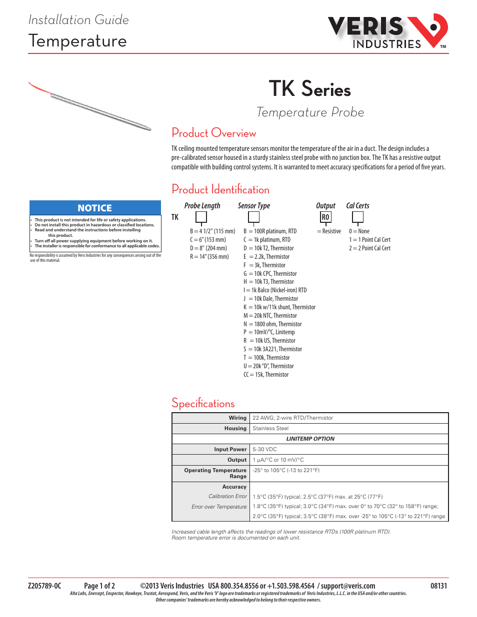 Veris Industries TK SERIES Install User Manual | 2 pages