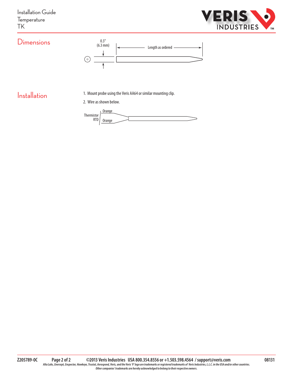 Dimensions, Installation, Installation guide temperature tk | Veris Industries TK SERIES Install User Manual | Page 2 / 2
