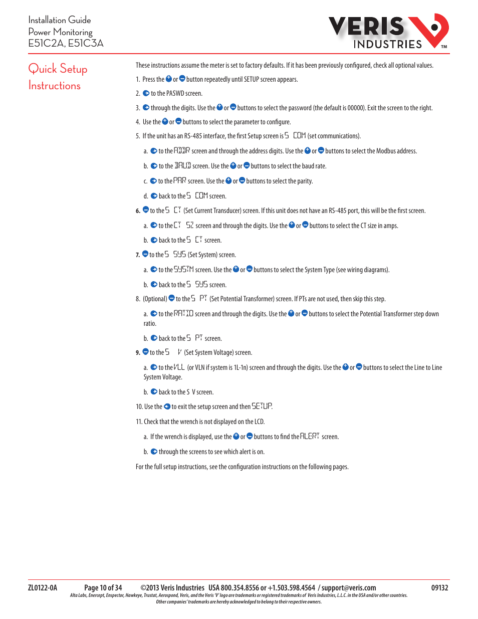 Quick setup instructions | Veris Industries E51C3A Install User Manual | Page 10 / 34