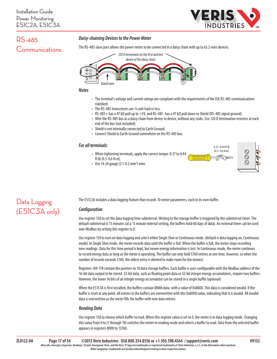 Rs-485 communications, Data logging (e51c3a only) | Veris Industries E51C3A Install User Manual | Page 17 / 34
