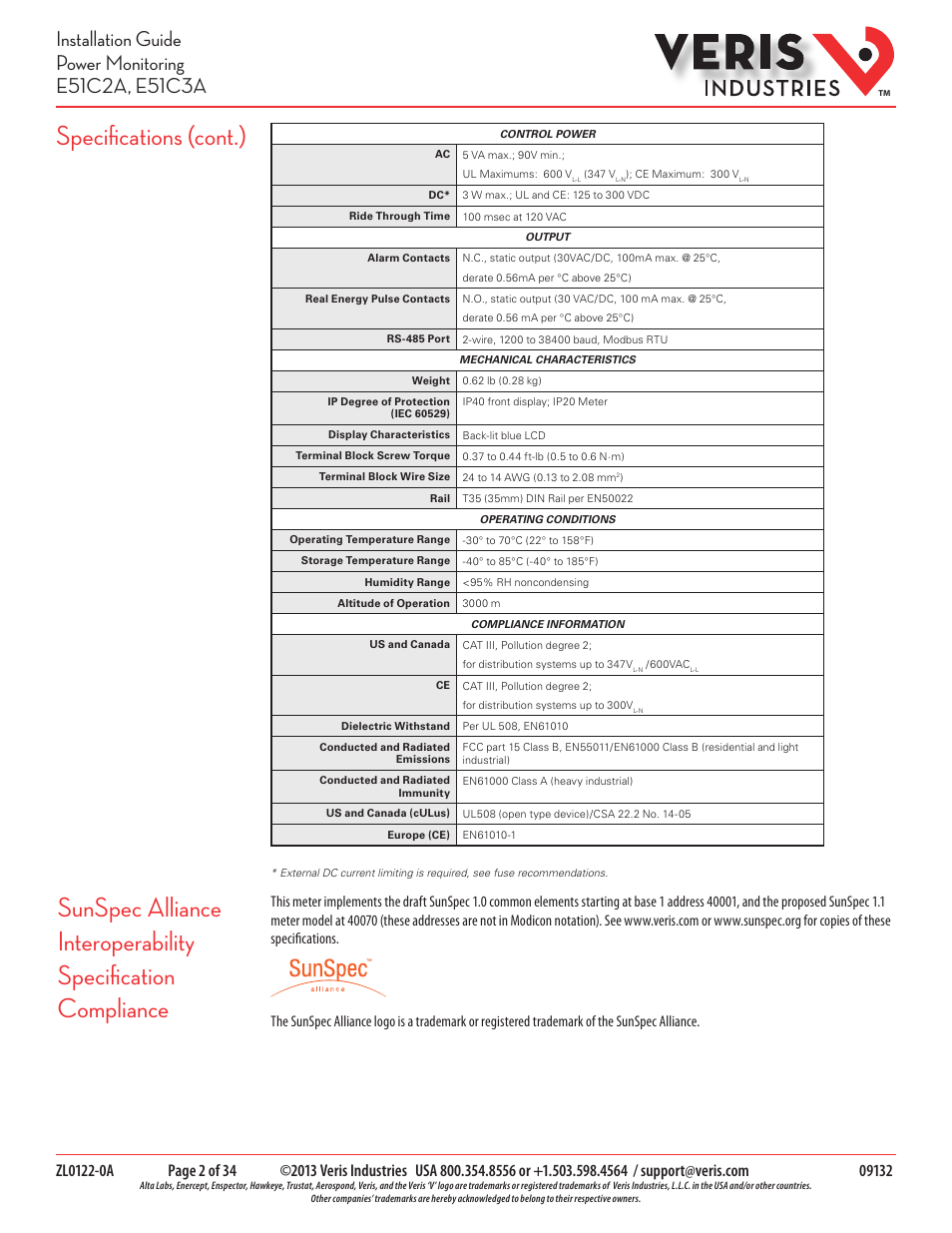 Specifications (cont.) | Veris Industries E51C3A Install User Manual | Page 2 / 34