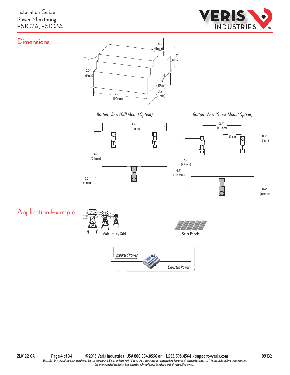 Dimensions, Application example | Veris Industries E51C3A Install User Manual | Page 4 / 34