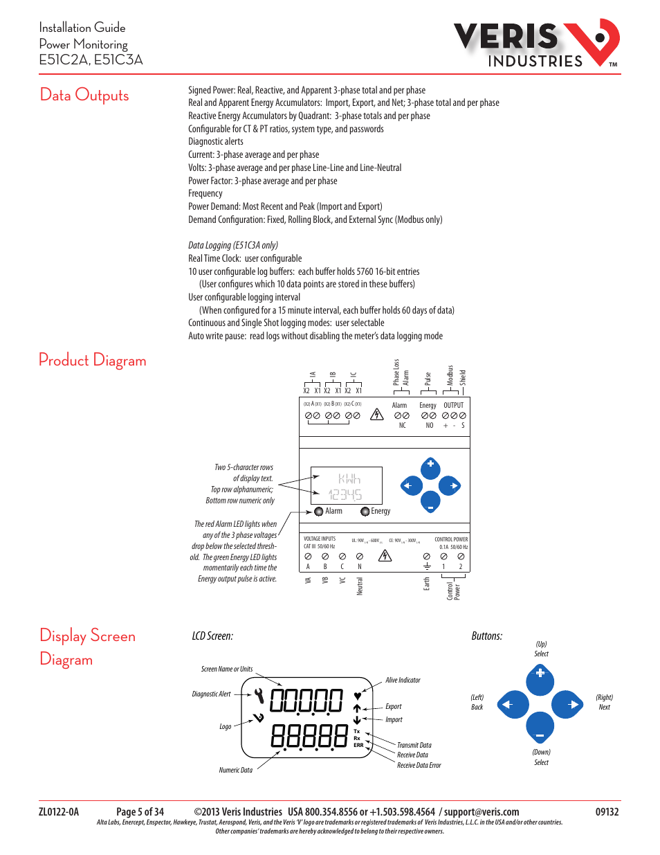 Data outputs product diagram, Display screen diagram, Lcd screen: buttons | Veris Industries E51C3A Install User Manual | Page 5 / 34