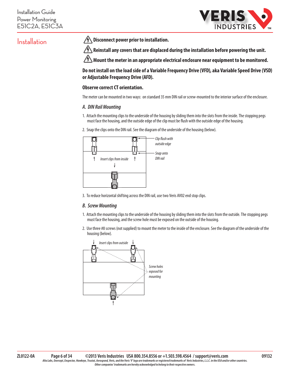 Installation | Veris Industries E51C3A Install User Manual | Page 6 / 34