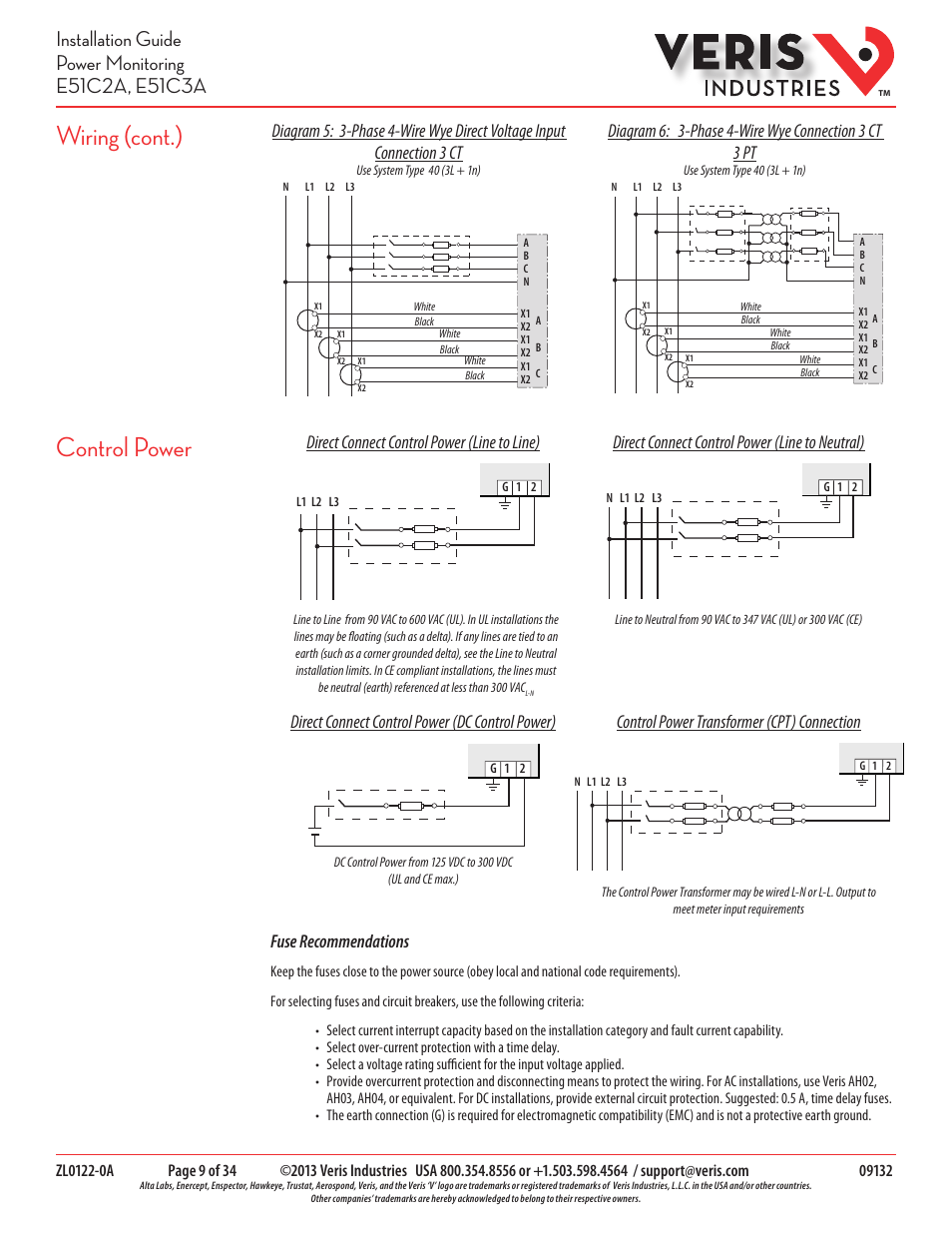 Control power, Wiring (cont.), Direct connect control power (dc control power) | Direct connect control power (line to neutral), Fuse recommendations | Veris Industries E51C3A Install User Manual | Page 9 / 34
