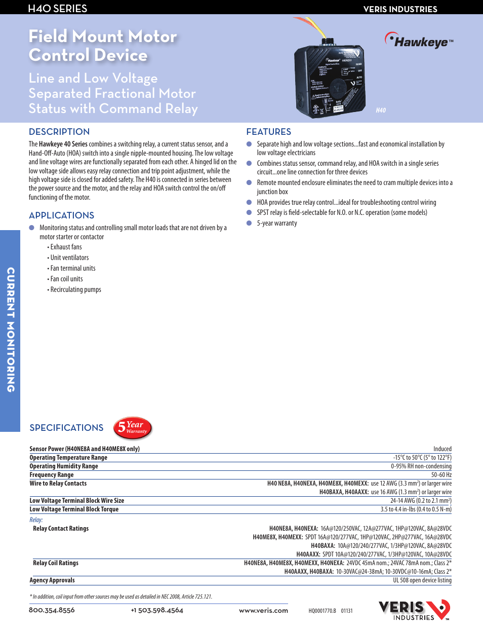 Veris Industries H40 SERIES Datasheet User Manual | 2 pages