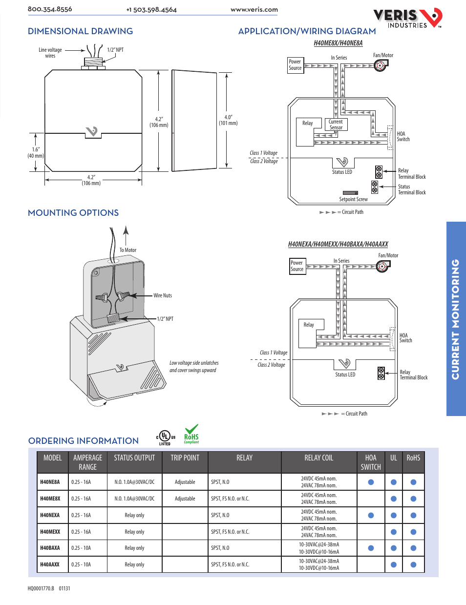 Current monit oring | Veris Industries H40 SERIES Datasheet User Manual | Page 2 / 2