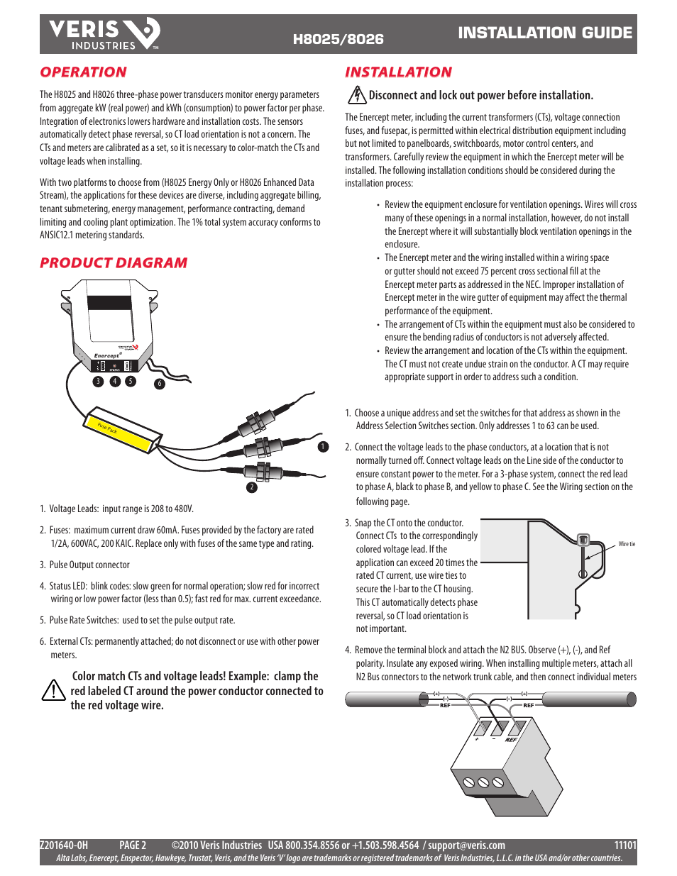 Installation guide, Operation, Installation | Product diagram, Disconnect and lock out power before installation | Veris Industries H8026 Install User Manual | Page 2 / 9