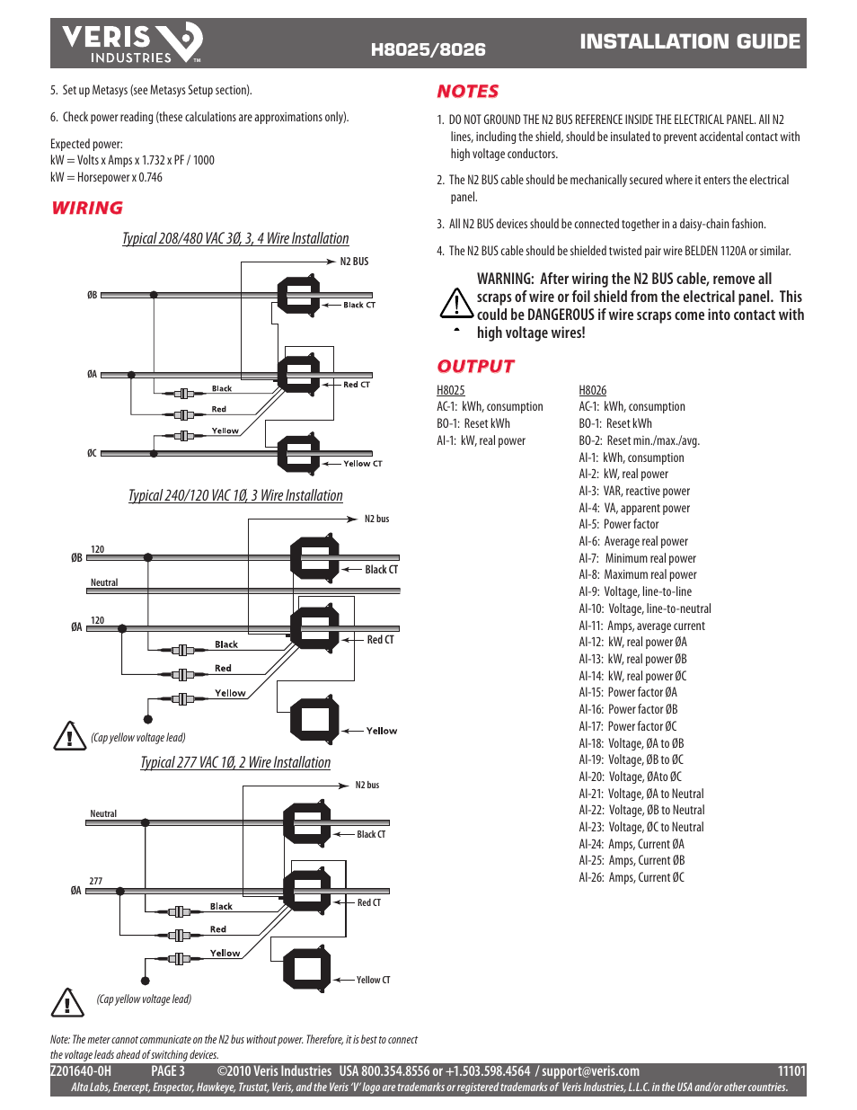 Installation guide, Wiring, Output | Veris Industries H8026 Install User Manual | Page 3 / 9