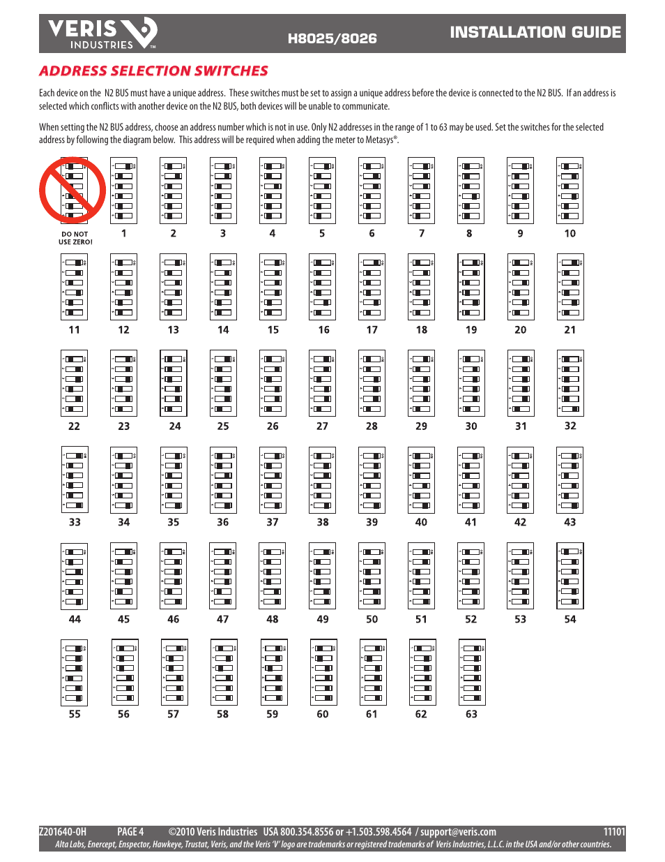 Installation guide, Address selection switches | Veris Industries H8026 Install User Manual | Page 4 / 9