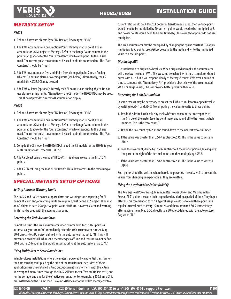 Installation guide, Metasys setup, Special metasys setup options | Veris Industries H8026 Install User Manual | Page 7 / 9