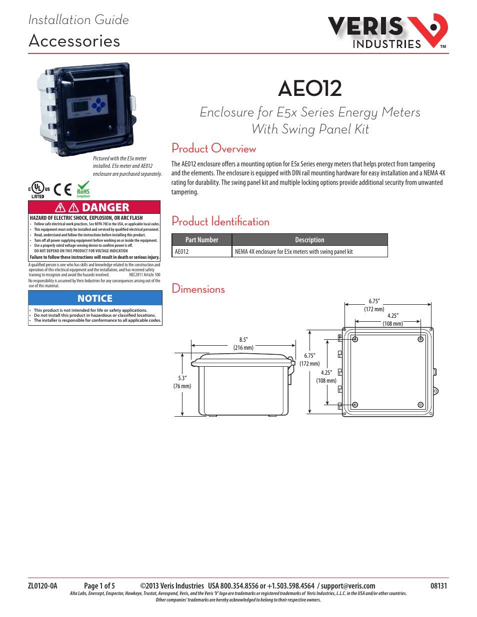 Veris Industries AE012 Install User Manual | 5 pages