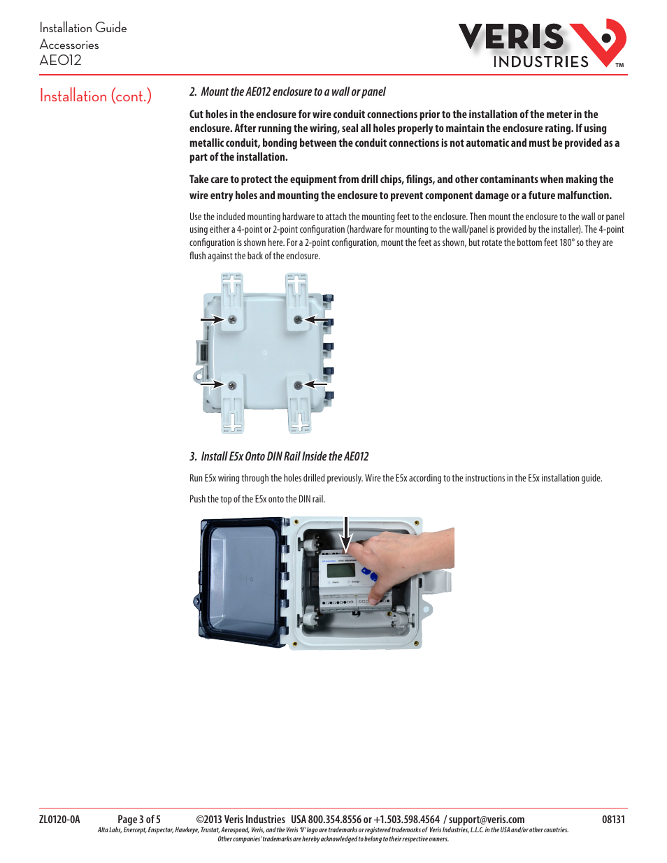 Installation (cont.), Installation guide accessories ae012 | Veris Industries AE012 Install User Manual | Page 3 / 5