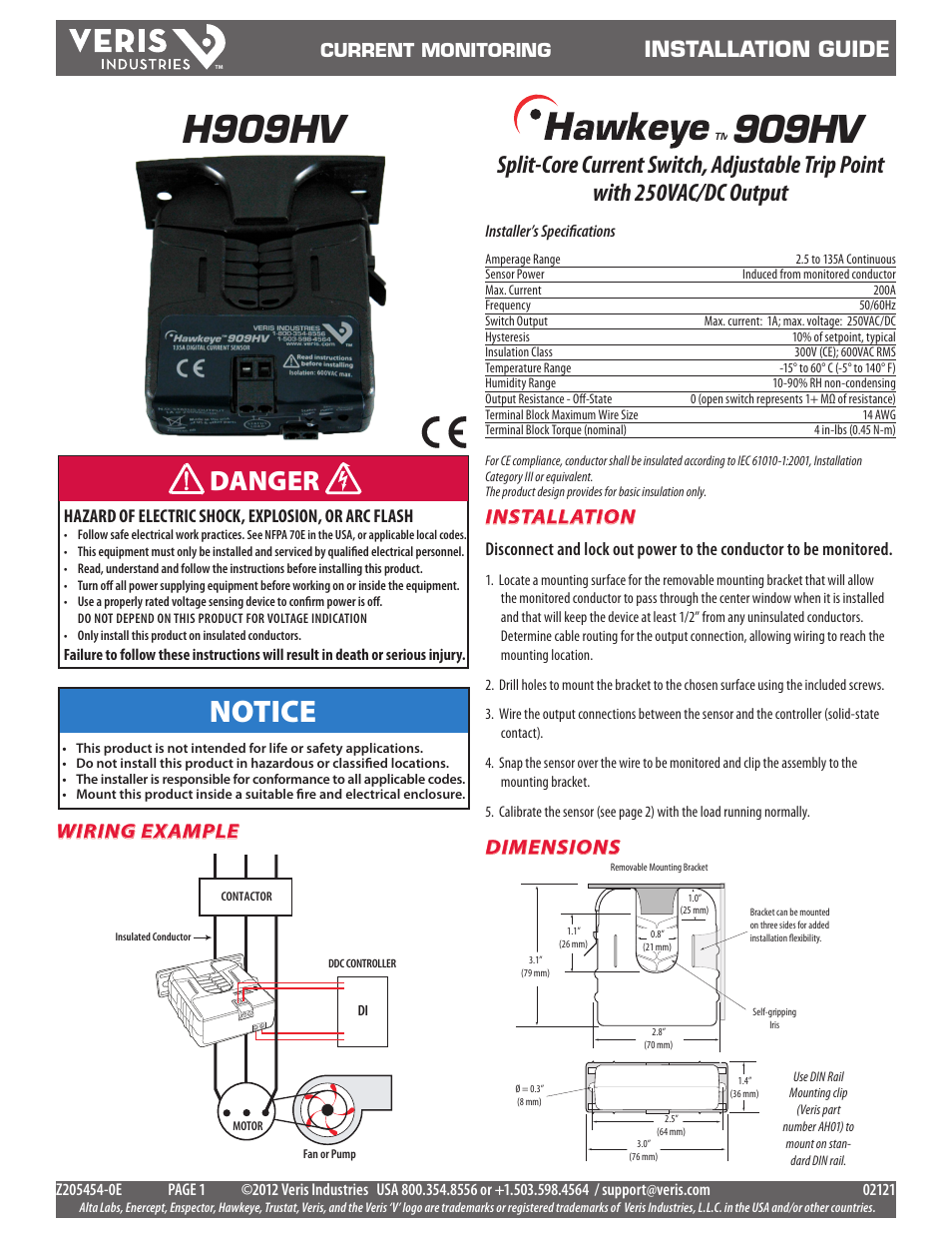 Veris Industries H909HV Install User Manual | 2 pages